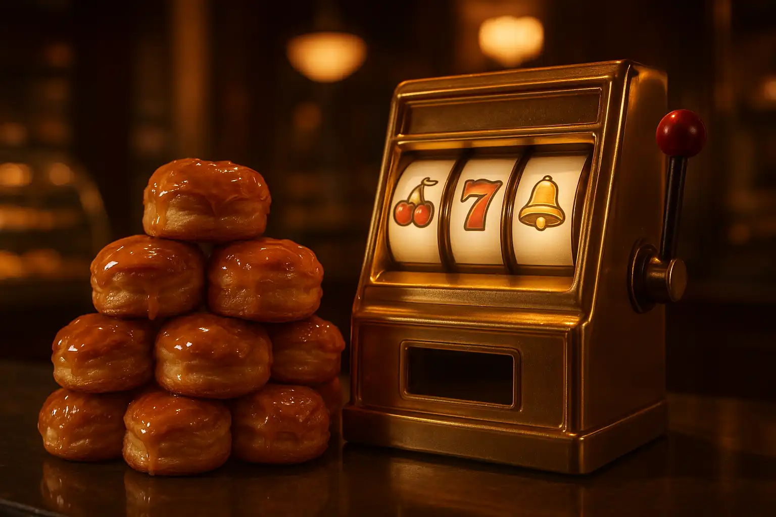 Maple-glazed pastries stacked beside a golden slot machine representing Sweetsino bonuses