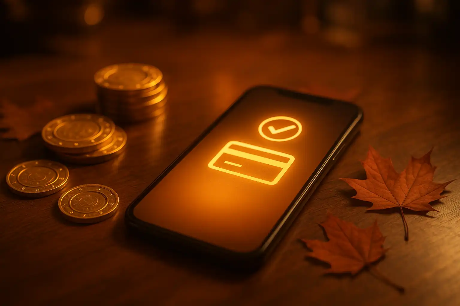 Interac e-Transfer confirmation on a phone screen beside golden maple casino chips