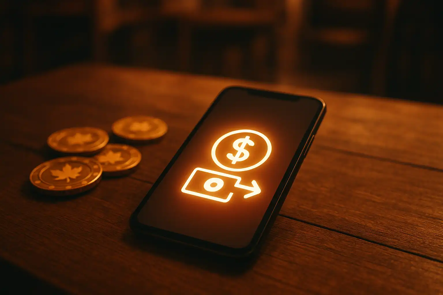 Smartphone showing an instant Interac deposit next to a golden slot reel representing Pay N Play