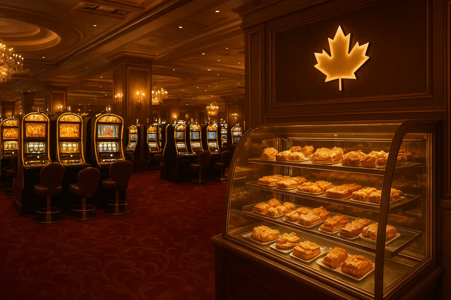 Elegant casino floor with golden slot machines and maple pastry display representing the Sweetsino review